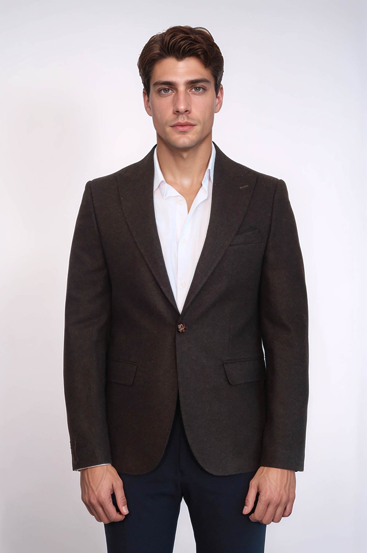 Single Button Pointed Wide Collar Brown Blazer - Wessi