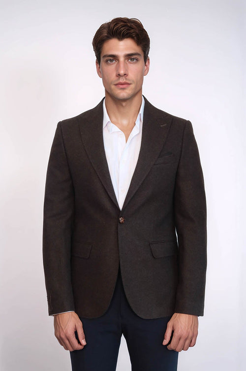 Single Button Pointed Wide Collar Brown Blazer - Wessi