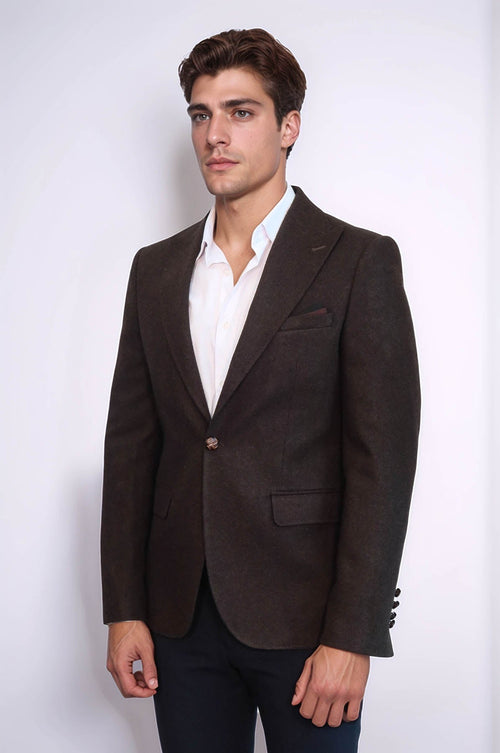 Single Button Pointed Wide Collar Brown Blazer - Wessi
