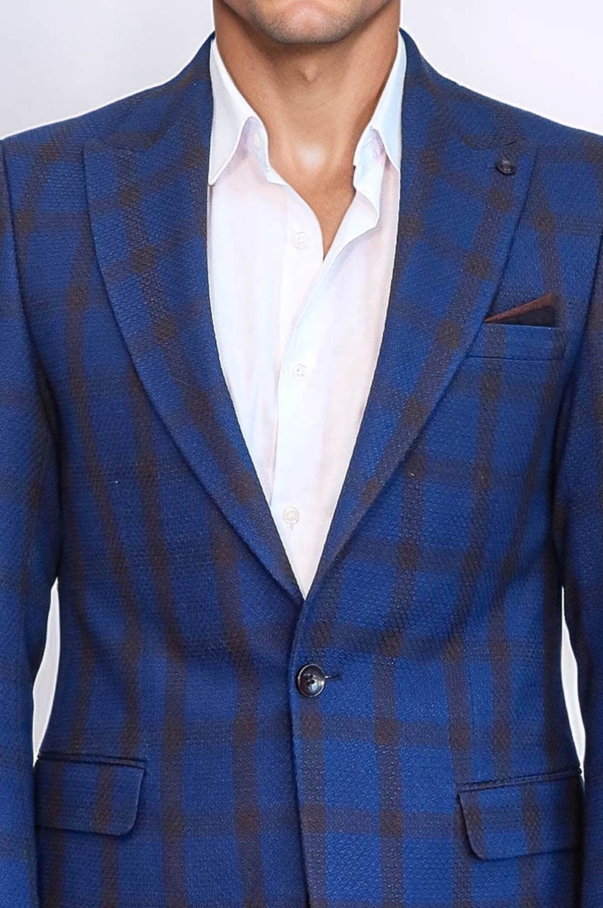 Double Breasted Pointed Collar Plaid Bast Blue Jacket-Wessi