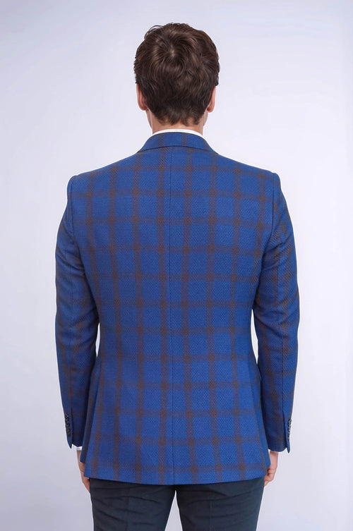 Double Breasted Pointed Collar Plaid Bast Blue Jacket-Wessi