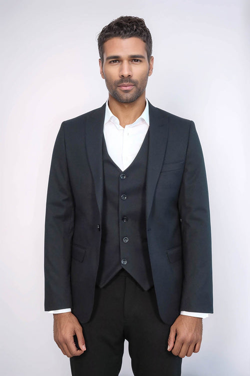 Plain Navy Blue Blazer Vest Set - Wessi