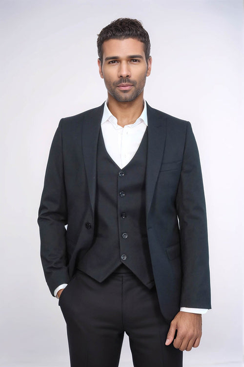 Plain Navy Blue Blazer Vest Set - Wessi