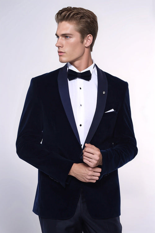 Navy Blue Velvet Blazer - Wessi