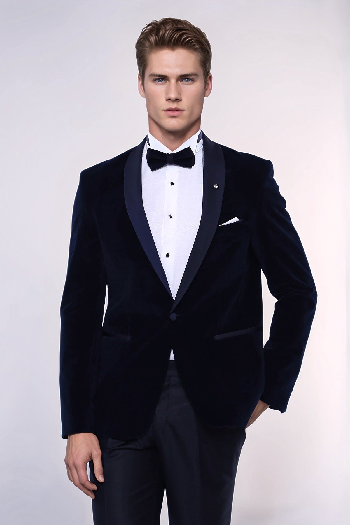 Navy Blue Velvet Blazer - Wessi