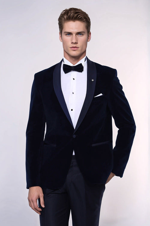 Navy Blue Velvet Blazer - Wessi