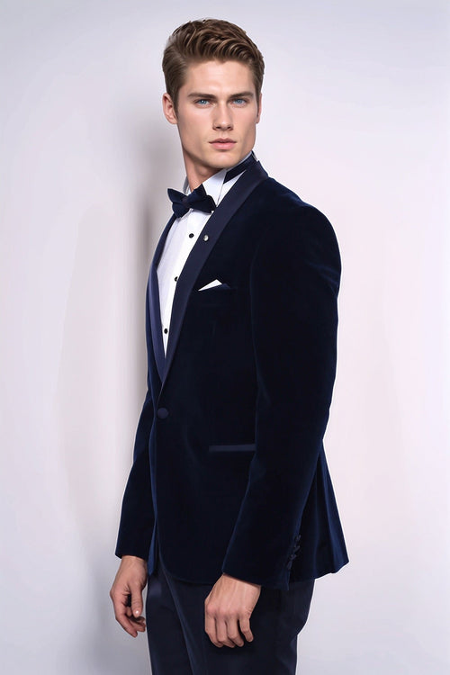 Navy Blue Velvet Blazer - Wessi