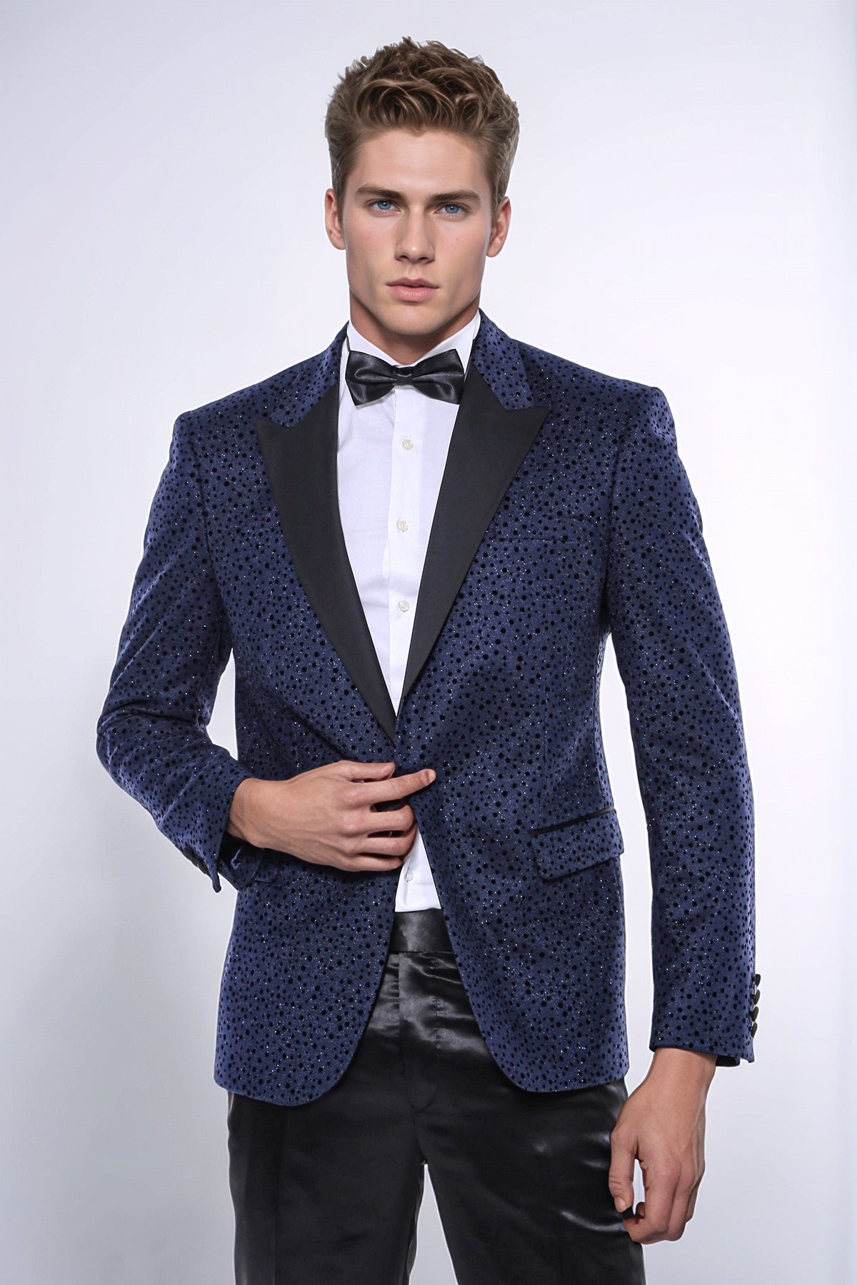 Shiny Dot Patterned Navy Blue Men Prom Blazer - Wessi