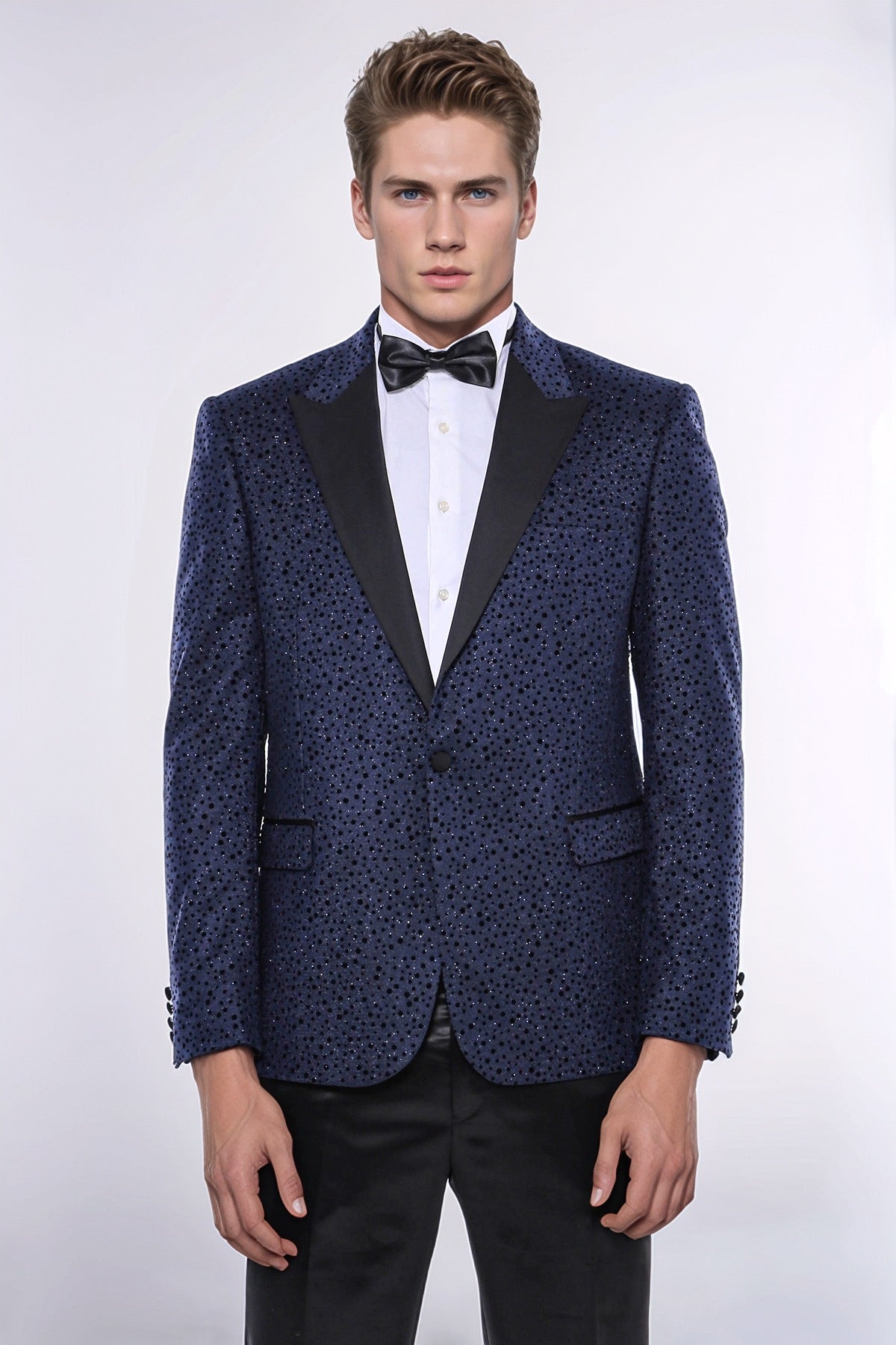 Shiny Dot Patterned Navy Blue Men Prom Blazer - Wessi