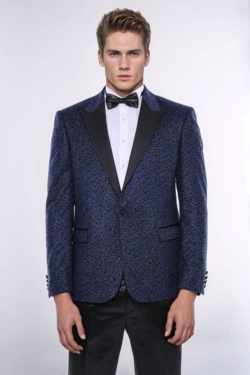 Shiny Dot Patterned Navy Blue Men Prom Blazer - Wessi