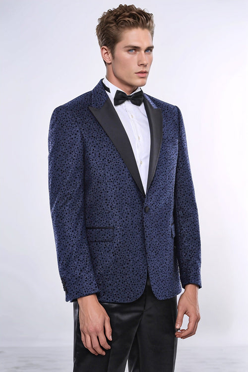 Shiny Dot Patterned Navy Blue Men Prom Blazer - Wessi
