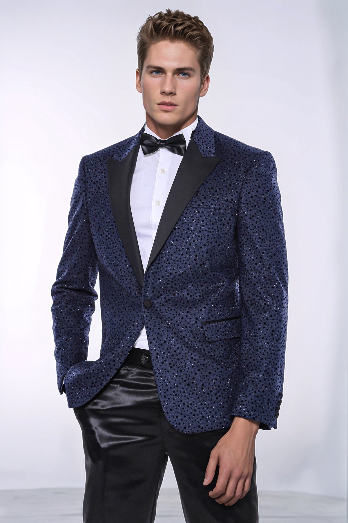 Shiny Dot Patterned Navy Blue Men Prom Blazer - Wessi
