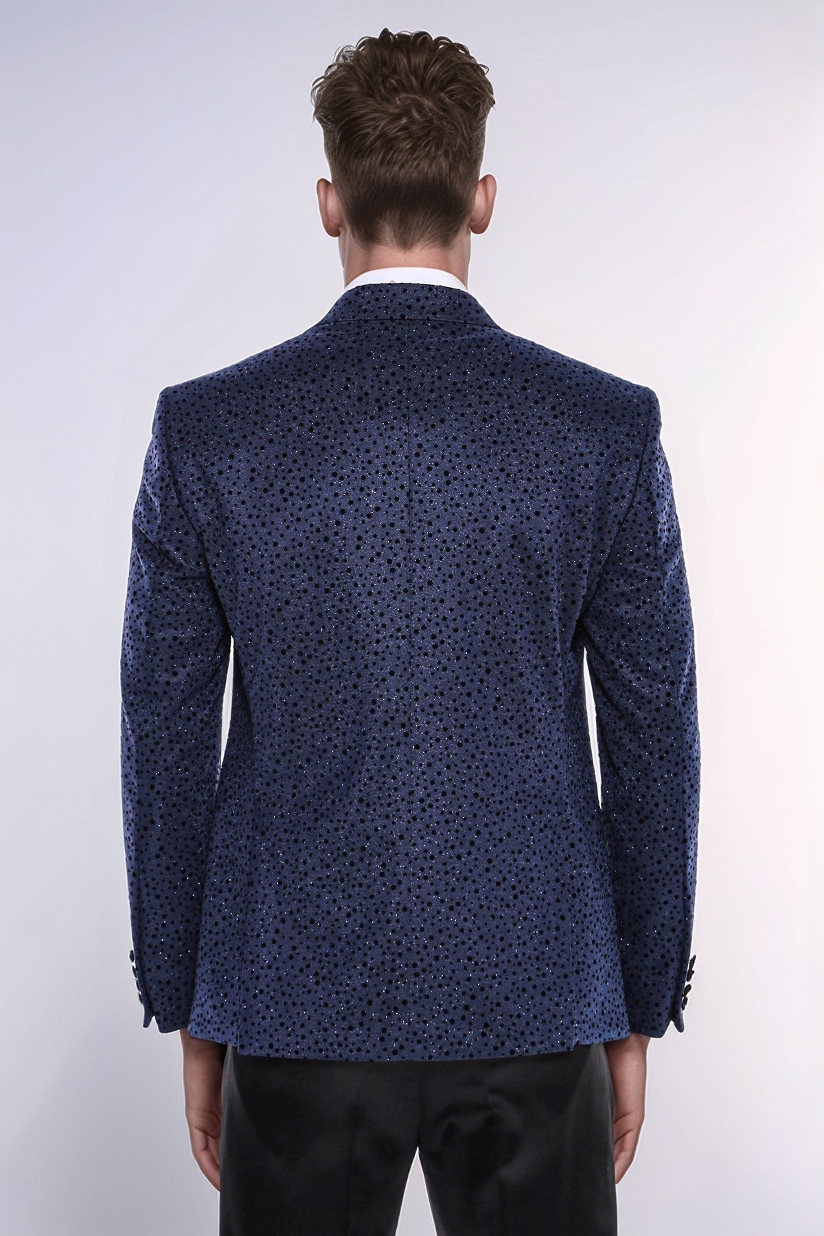 Shiny Dot Patterned Navy Blue Men Prom Blazer - Wessi