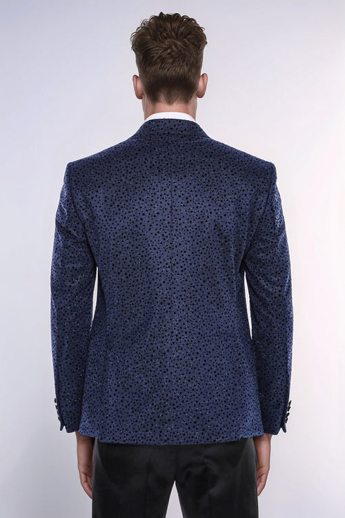 Shiny Dot Patterned Navy Blue Men Prom Blazer - Wessi