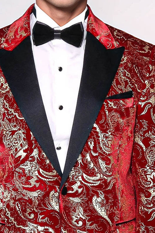 Gold Patterned Over Red Men Prom Blazer - Wessi