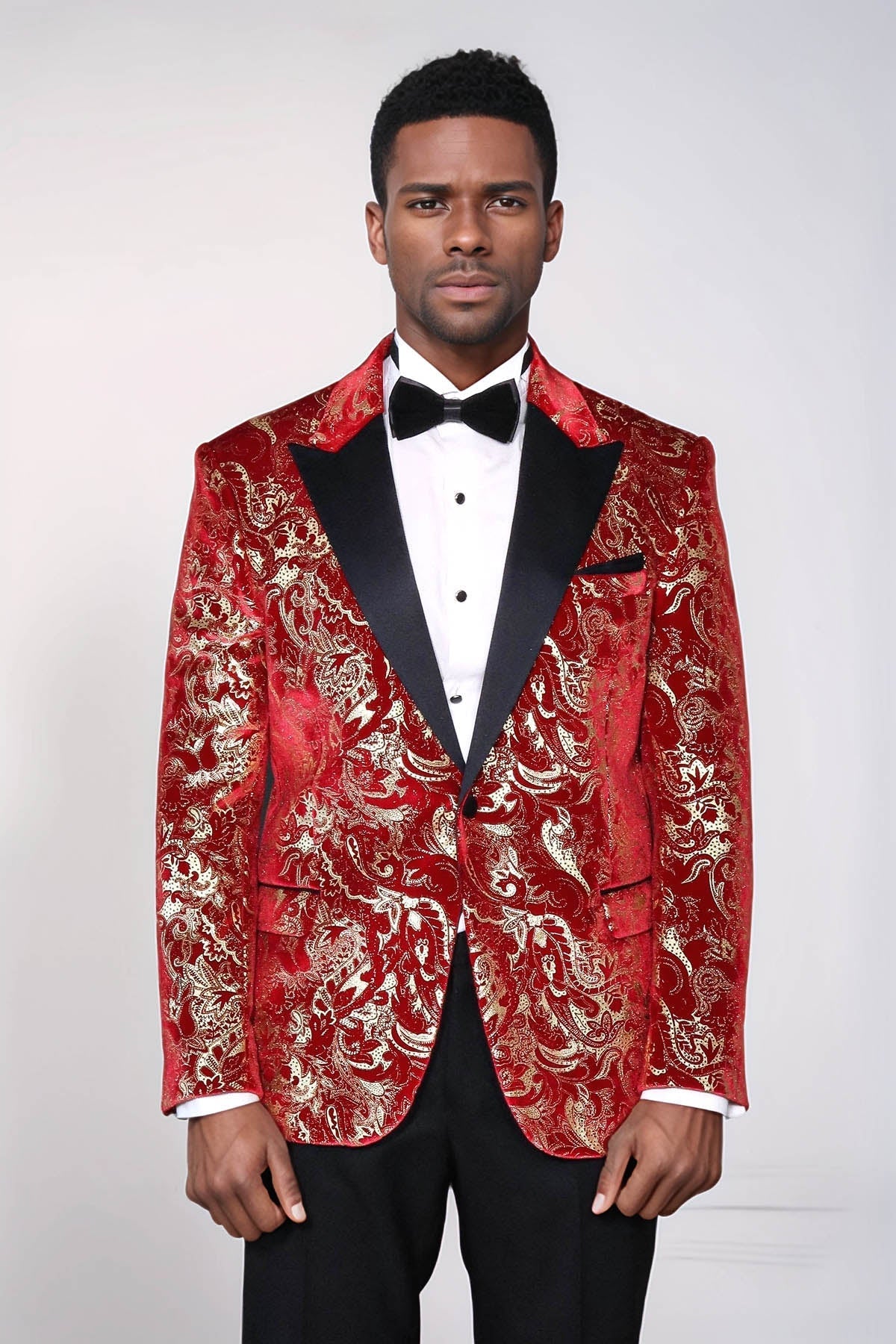 Gold Patterned Over Red Men Prom Blazer - Wessi