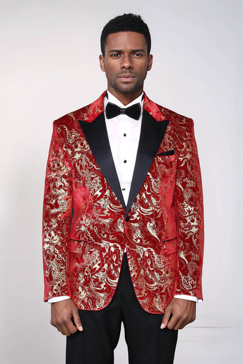Gold Patterned Over Red Men Prom Blazer - Wessi