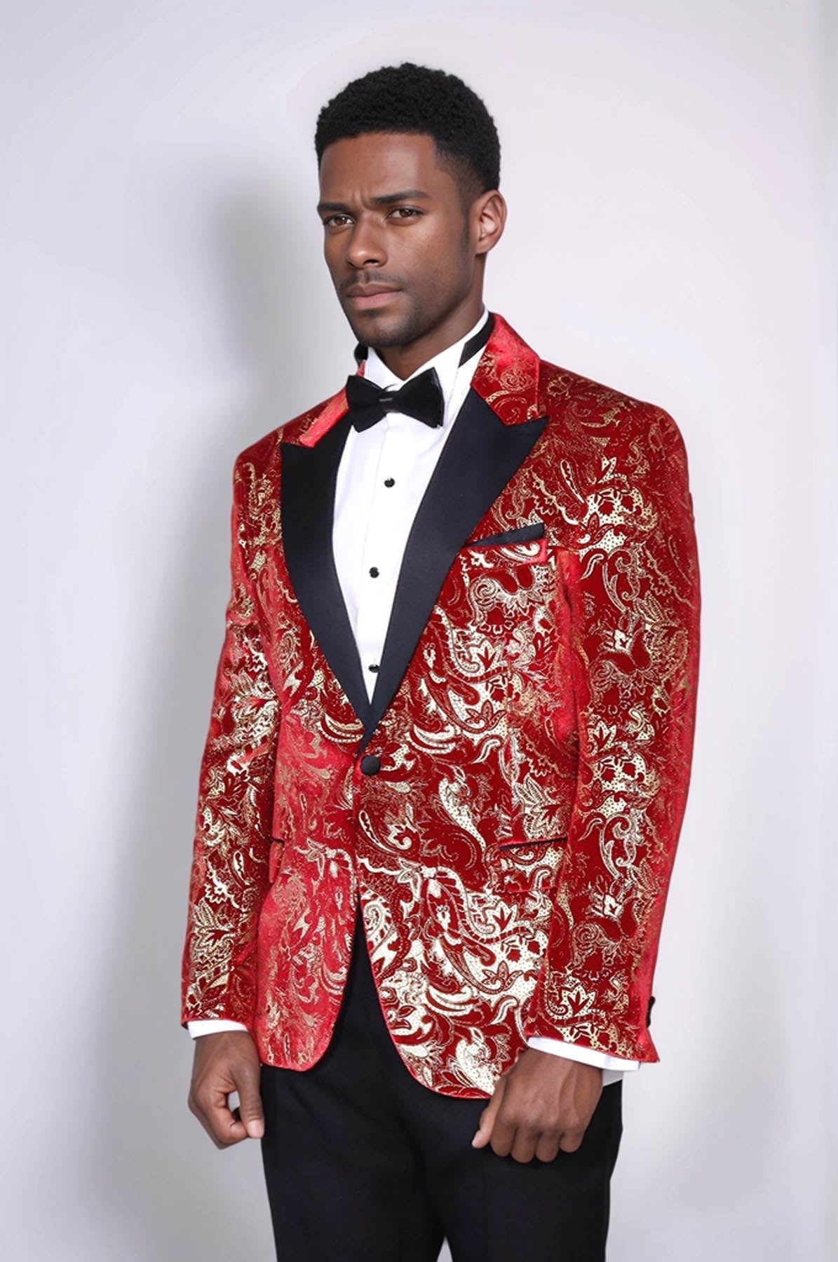 Gold Patterned Over Red Men Prom Blazer - Wessi