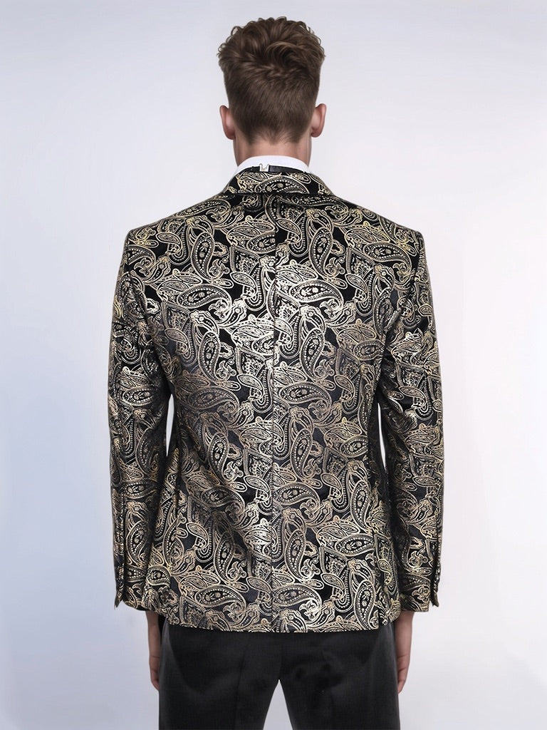 Slim Fit Gold Paisley Patterned Black Men Tuxedo Blazer