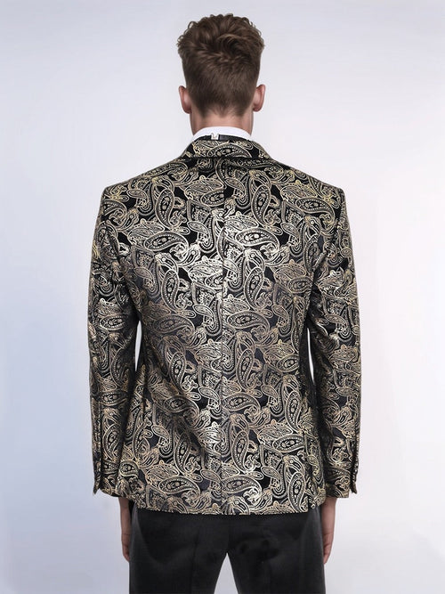 Slim Fit Gold Paisley Patterned Black Men Tuxedo Blazer