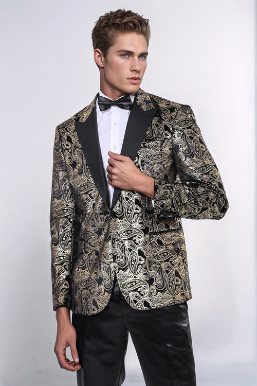 Slim Fit Gold Paisley Patterned Black Men Tuxedo Blazer