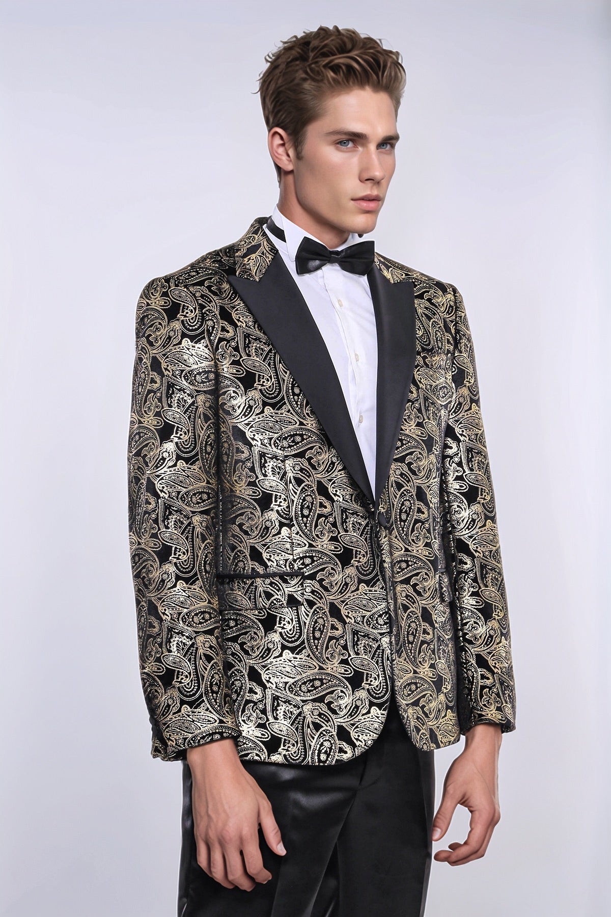 Slim Fit Gold Paisley Patterned Black Men Tuxedo Blazer