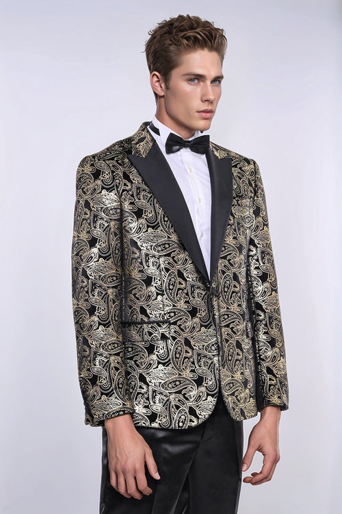 Slim Fit Gold Paisley Patterned Black Men Tuxedo Blazer