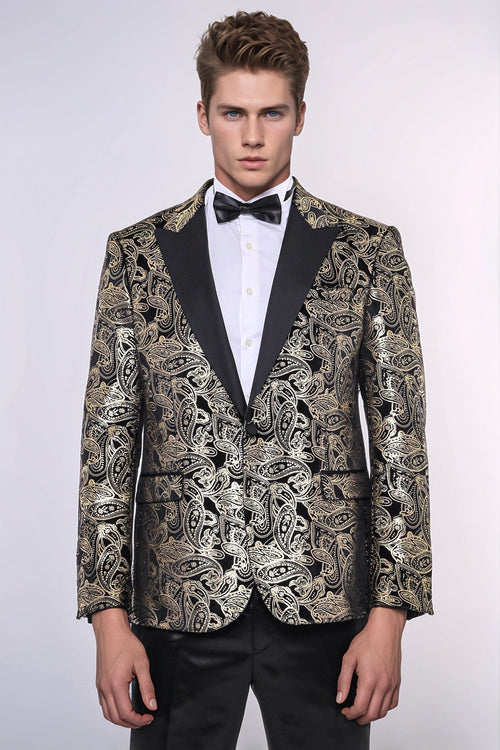 Slim Fit Gold Paisley Patterned Black Men Tuxedo Blazer