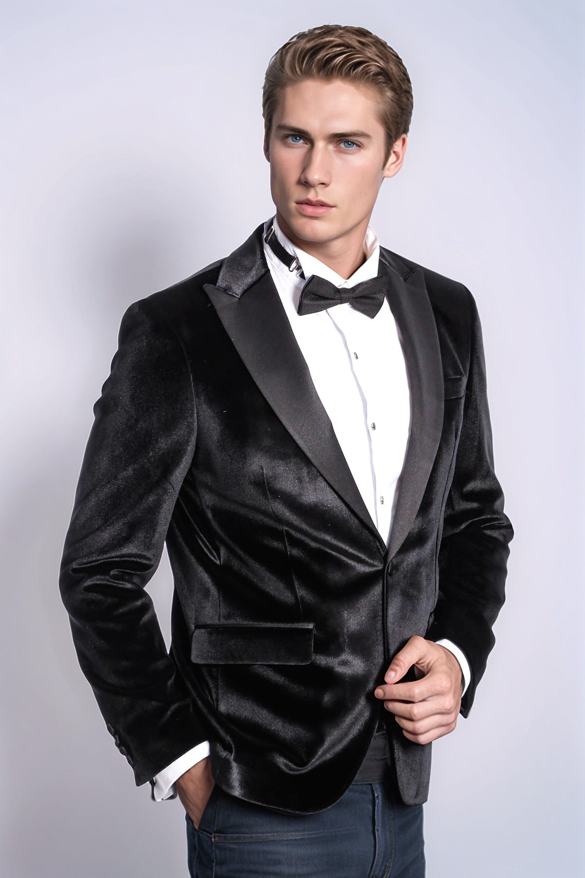 Velvet Slim Fit Black Men Prom Blazer - Wessi
