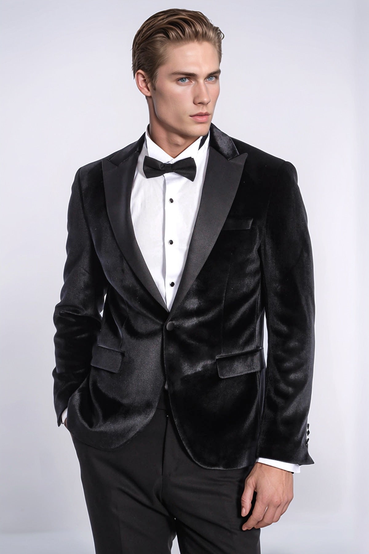 Velvet Slim Fit Black Men Prom Blazer - Wessi