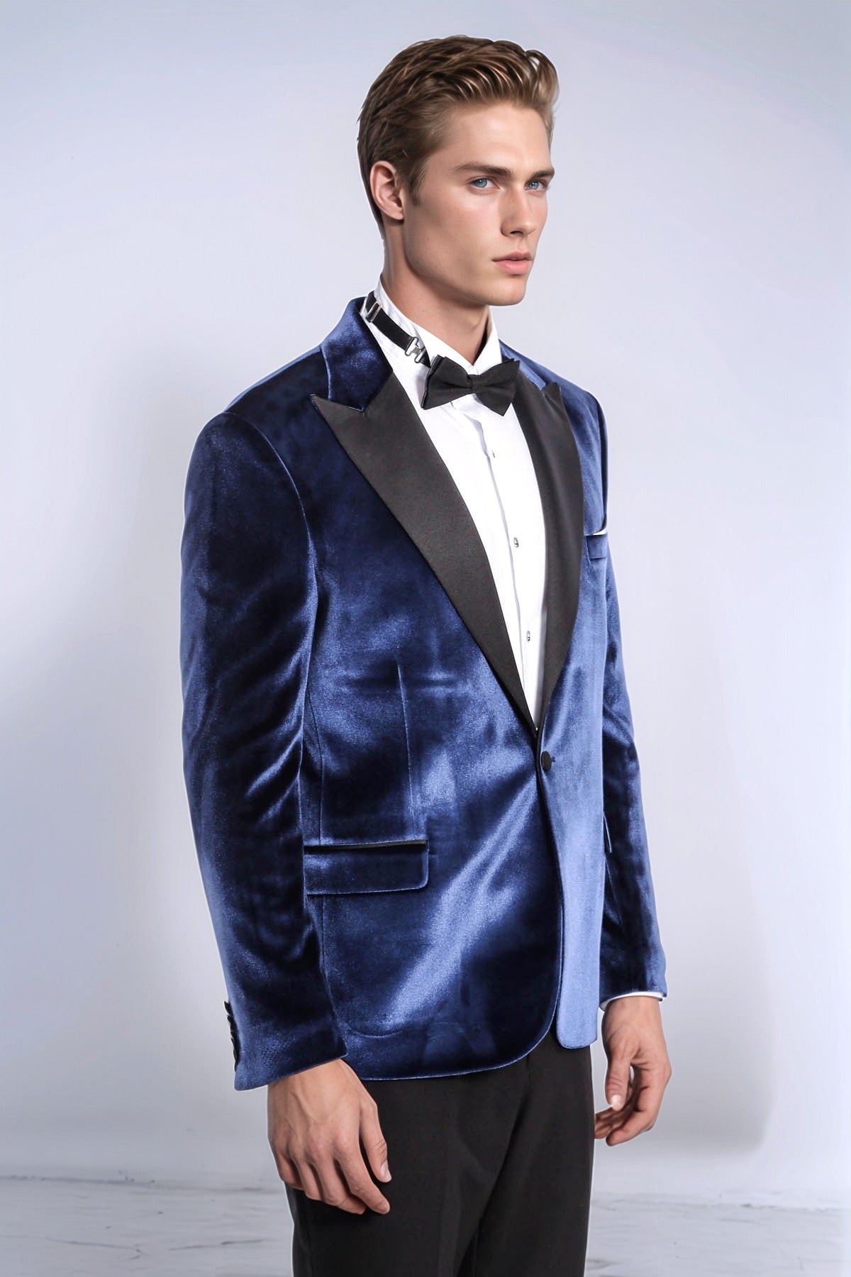 Velvet Slim Fit Blue Men Prom Blazer - Wessi