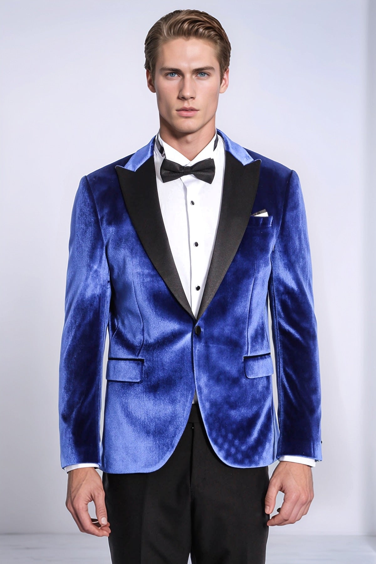 Velvet Navy Blue Slim Fit Men Prom Blazer - Wessi