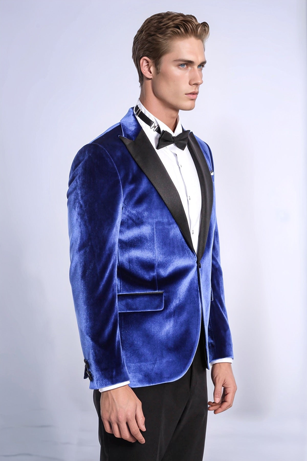 Velvet Navy Blue Slim Fit Men Prom Blazer - Wessi