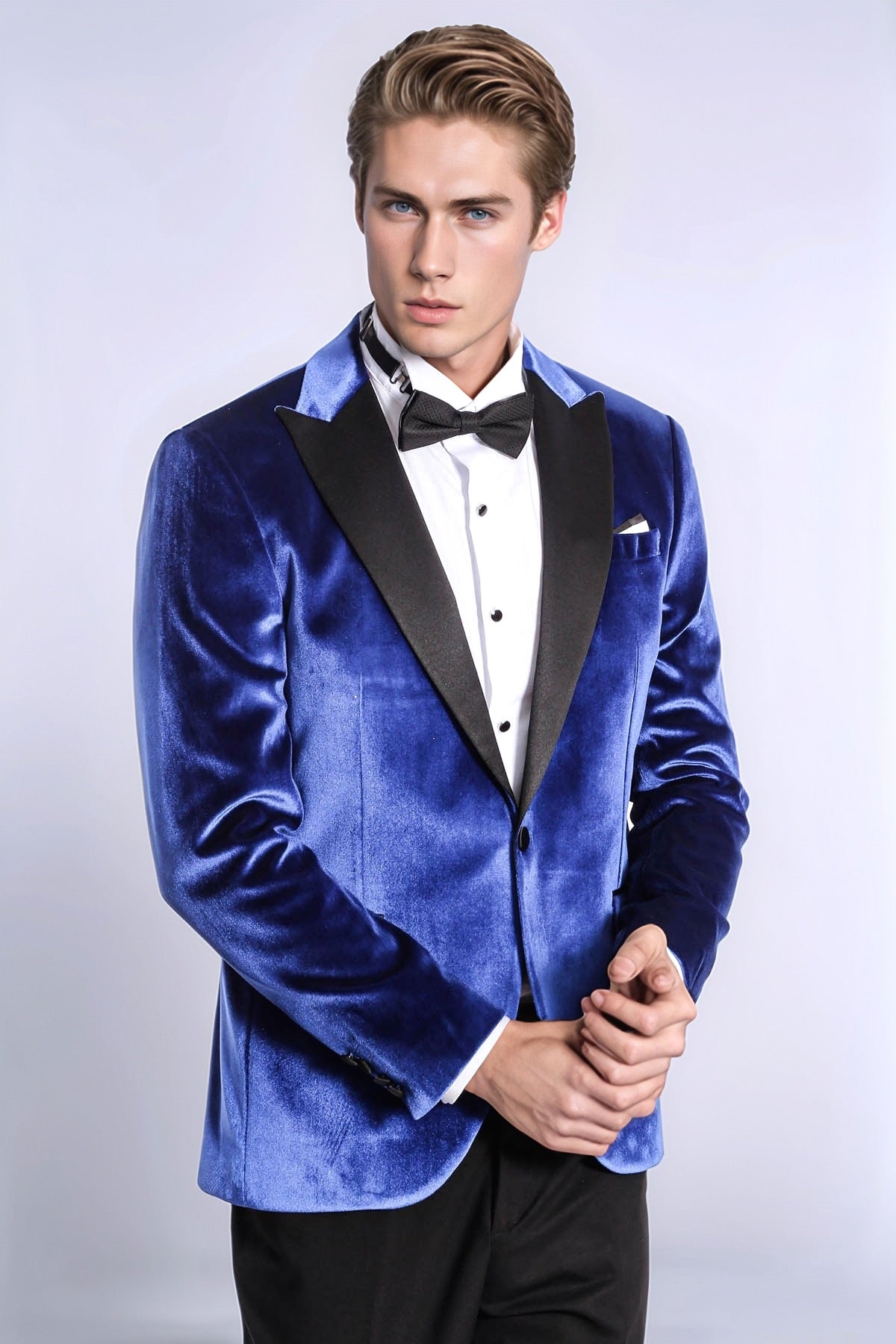 Velvet Navy Blue Slim Fit Men Prom Blazer - Wessi