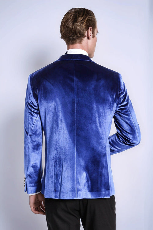 Velvet Navy Blue Slim Fit Men Prom Blazer - Wessi
