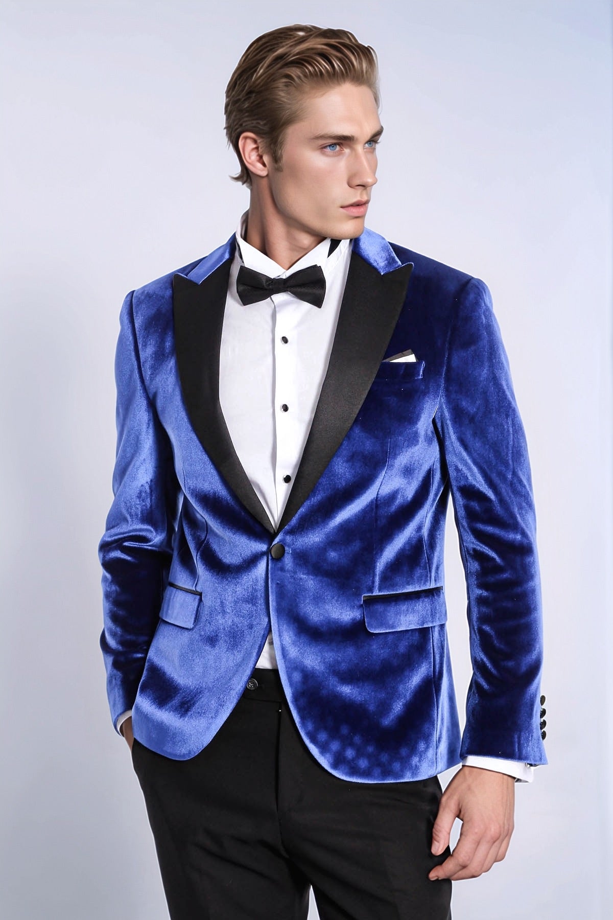 Velvet Navy Blue Slim Fit Men Prom Blazer - Wessi