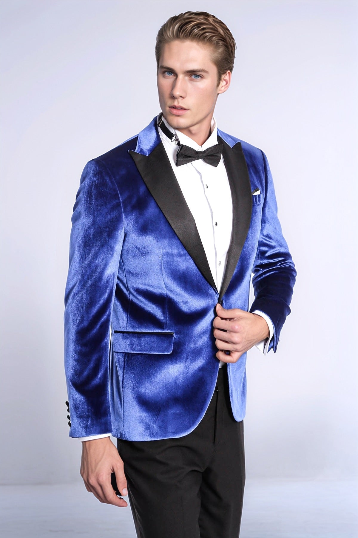 Velvet Navy Blue Slim Fit Men Prom Blazer - Wessi