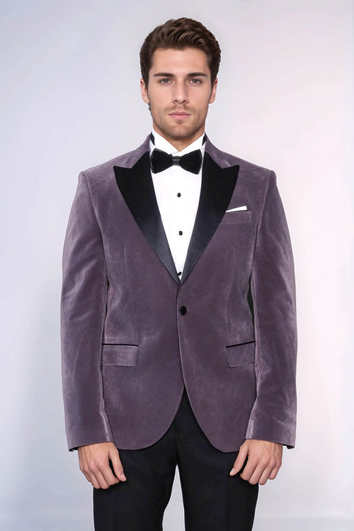 Peak Lapel Velvet Purple Men Prom Blazer - Wessi
