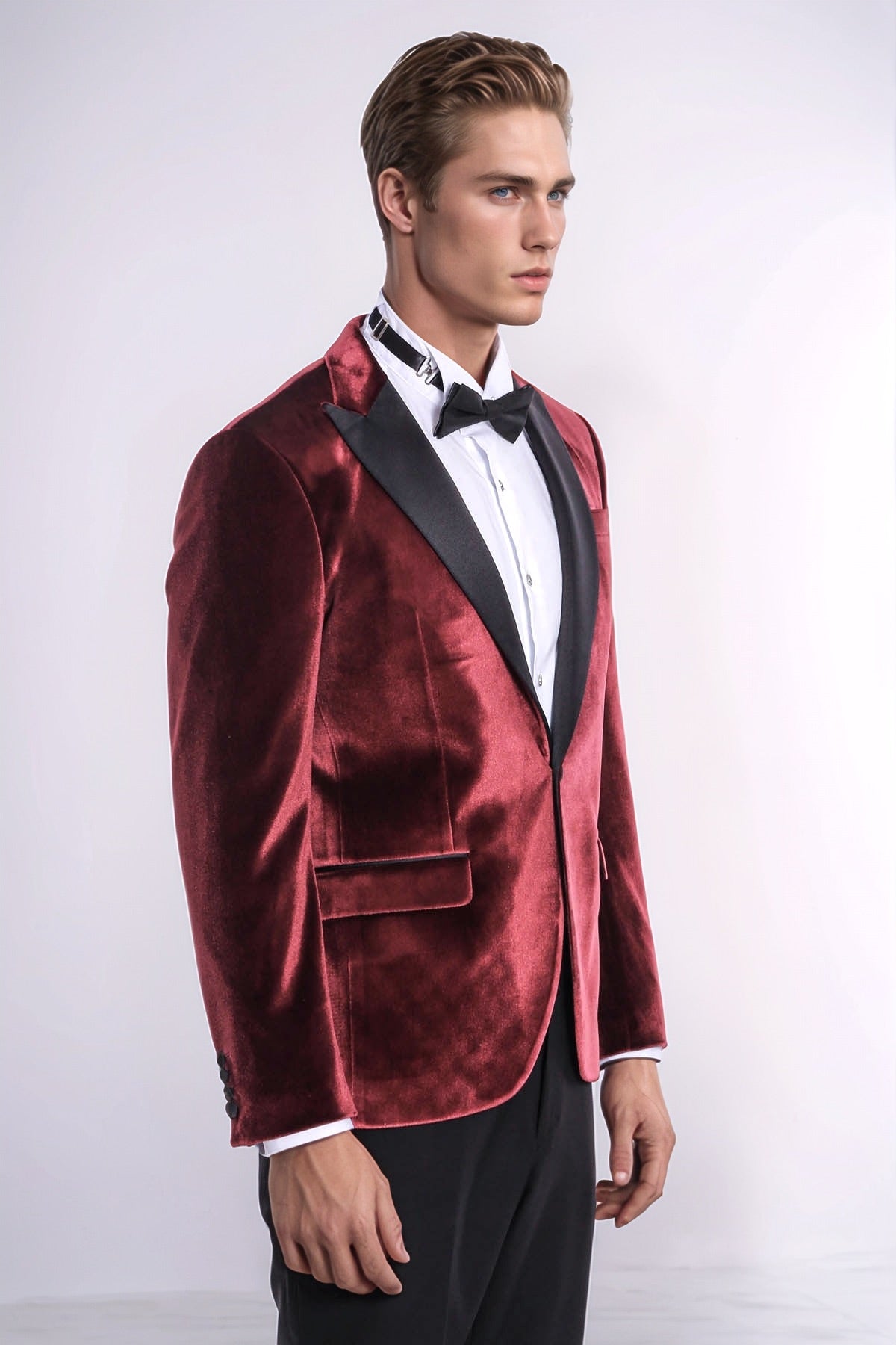 Velvet Slim Fit Burgundy Men Prom Blazer - Wessi