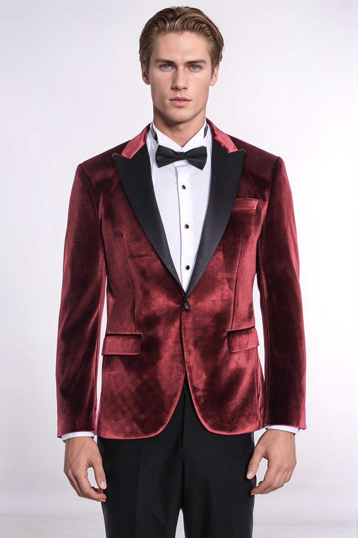 Velvet Slim Fit Burgundy Men Prom Blazer - Wessi