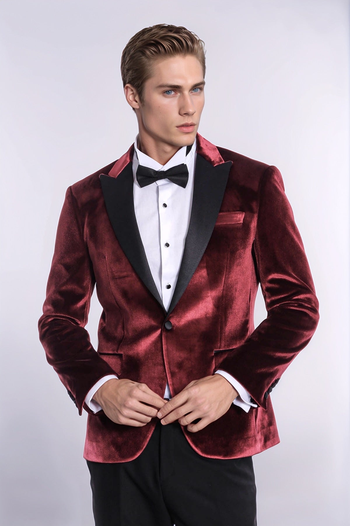 Velvet Slim Fit Burgundy Men Prom Blazer - Wessi
