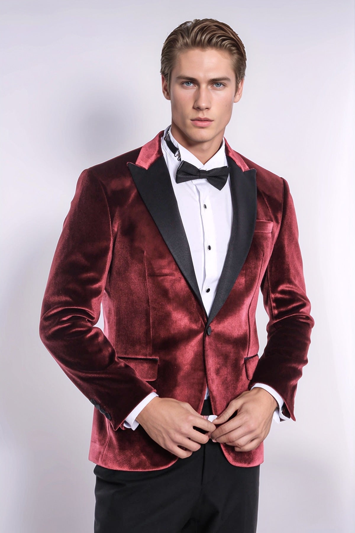 Velvet Slim Fit Burgundy Men Prom Blazer - Wessi