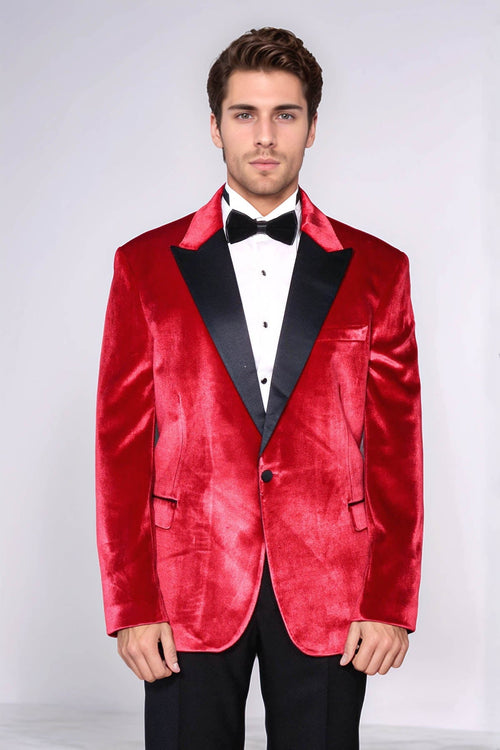 Peak Lapel Velvet Red Men Prom Blazer - Wessi