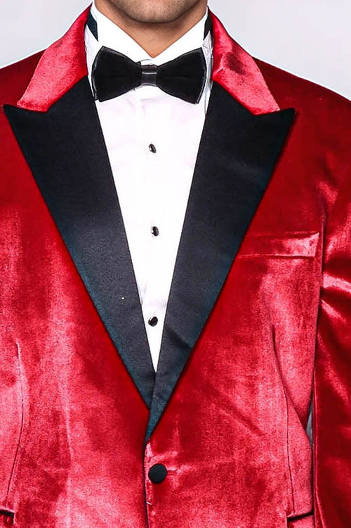 Peak Lapel Velvet Red Men Prom Blazer - Wessi