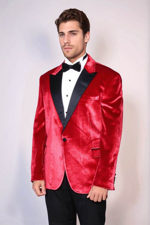 Peak Lapel Velvet Red Men Prom Blazer - Wessi