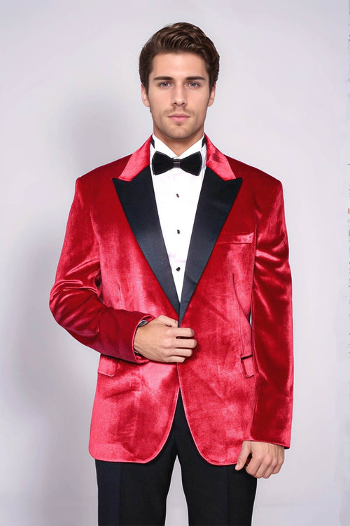 Peak Lapel Velvet Red Men Prom Blazer - Wessi