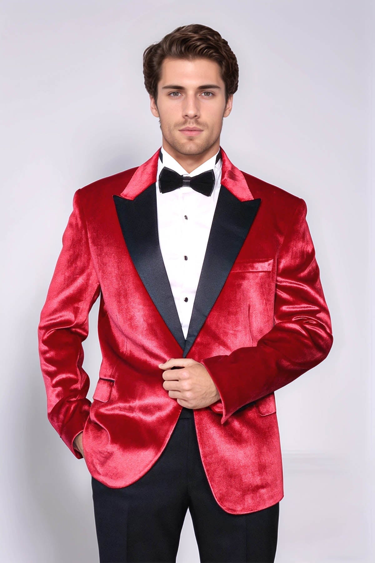 Peak Lapel Velvet Red Men Prom Blazer - Wessi