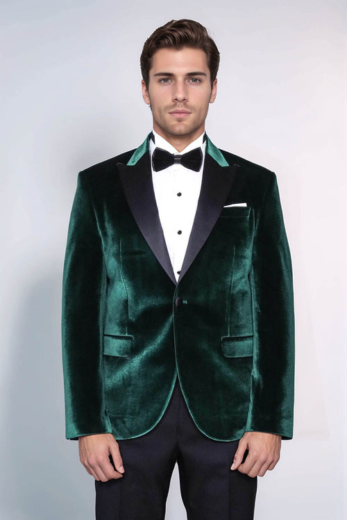 Slim Fit Peak Lapel Velvet Dark Green Men Prom Blazer