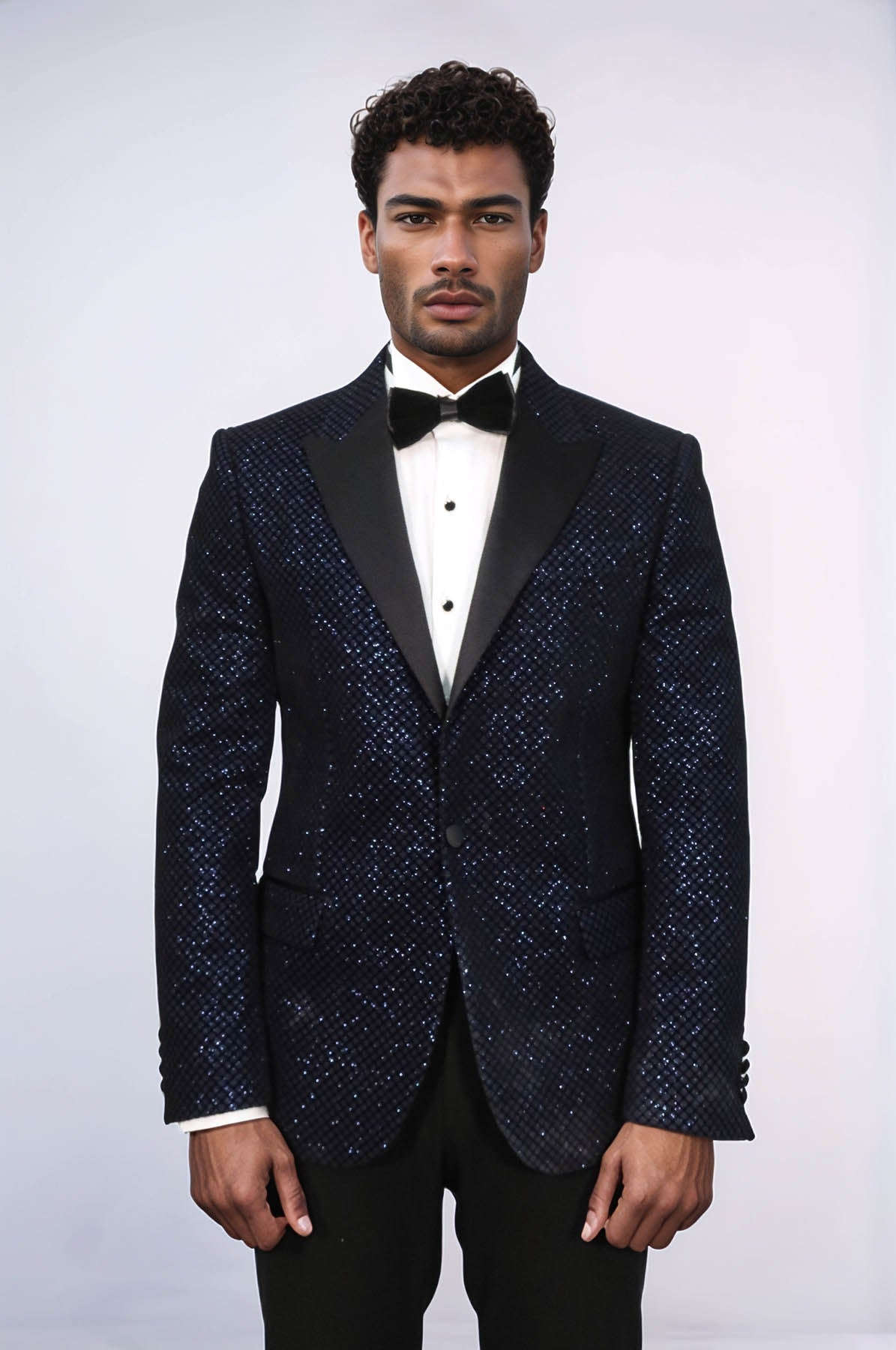 Black Patterned Over Navy Blue Men Prom Blazer - Wessi