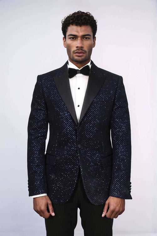 Black Patterned Over Navy Blue Men Prom Blazer - Wessi
